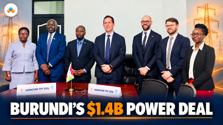 Illustrative feature graphic for Burundi’s $1.4 billion electricity partnership, with a signing scene and power lines.