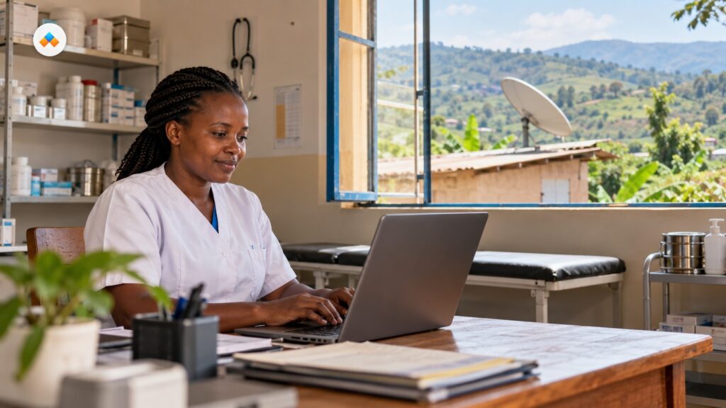 Health worker using laptop in a clinic, with a satellite dish visible outside. 